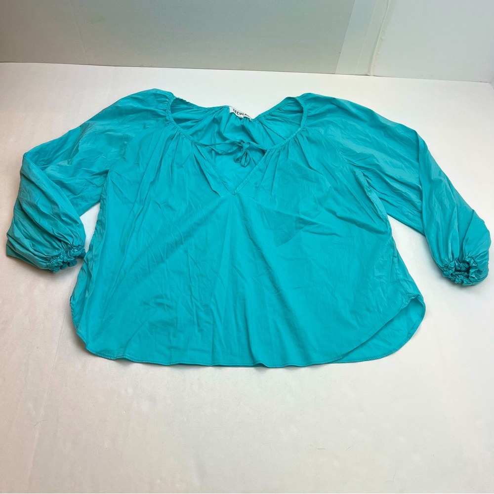 Secular‎ Teal Green Blue Top Cotton Blend Womens Size Small Preppy Boho *FLAWED